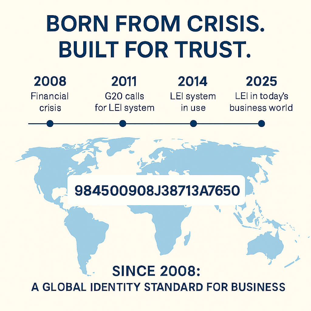 LEI history timeline – from the 2008 financial crisis to today, showing the Legal Entity Identifier as a global identity standard for business