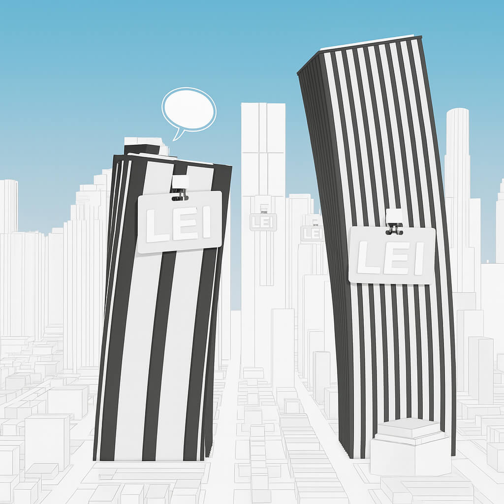 Illustration of business buildings wearing LEI badges, symbolizing the use of the Legal Entity Identifier in the business sector