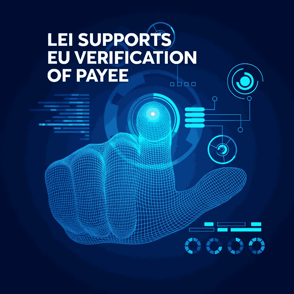 LEI supports EU Verification of Payee – digital illustration showing how the Legal Entity Identifier enhances payment verification and transparency across the EU.